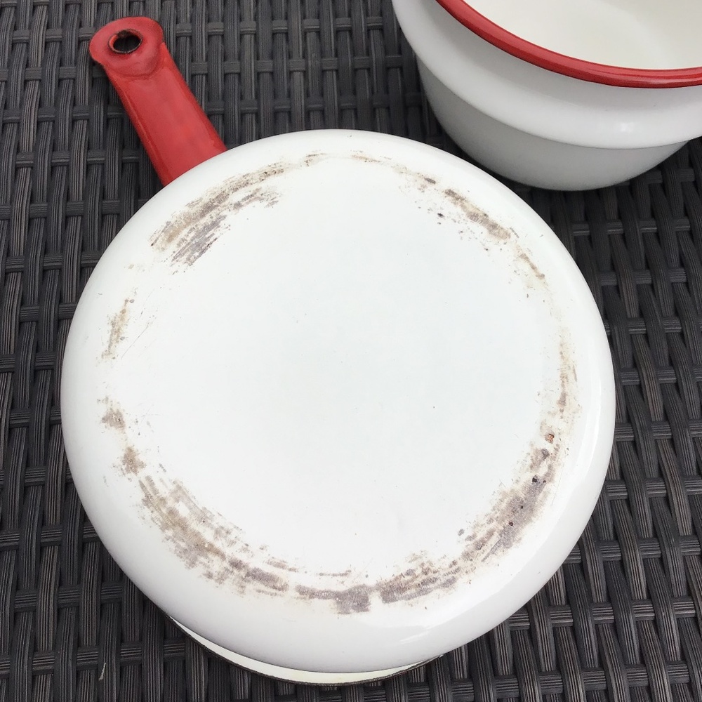 Vintage Enamelware Double Boiler White Red 3 Piece Set Farmhouse - Picture 5 of 15